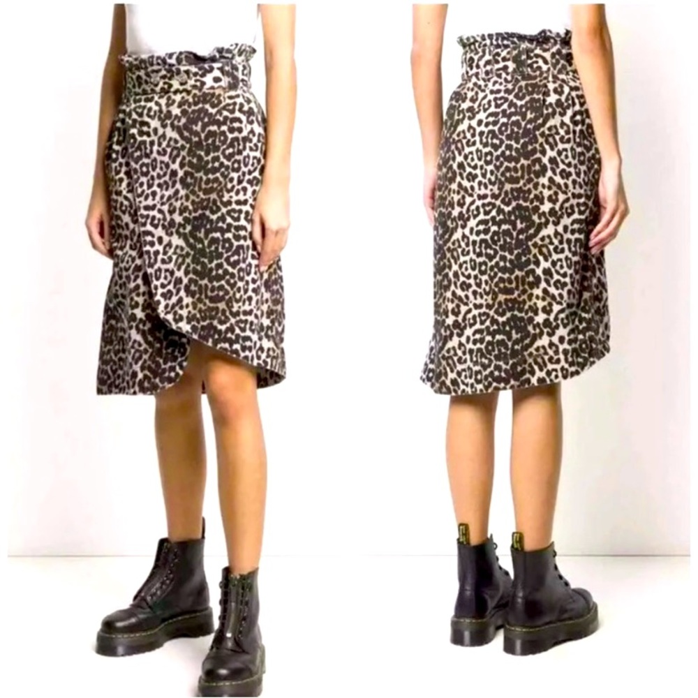 Ganni Leopard Denim Wrap Skirt - Size 38/6